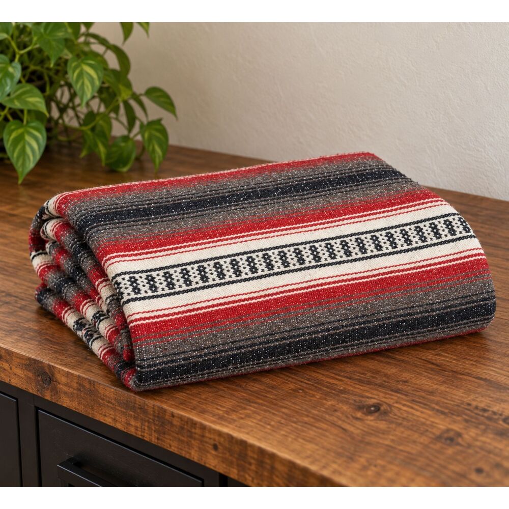 Vintage Mexican Serape Blanket 68x44 Red Black Gray Woven Southwestern Throw